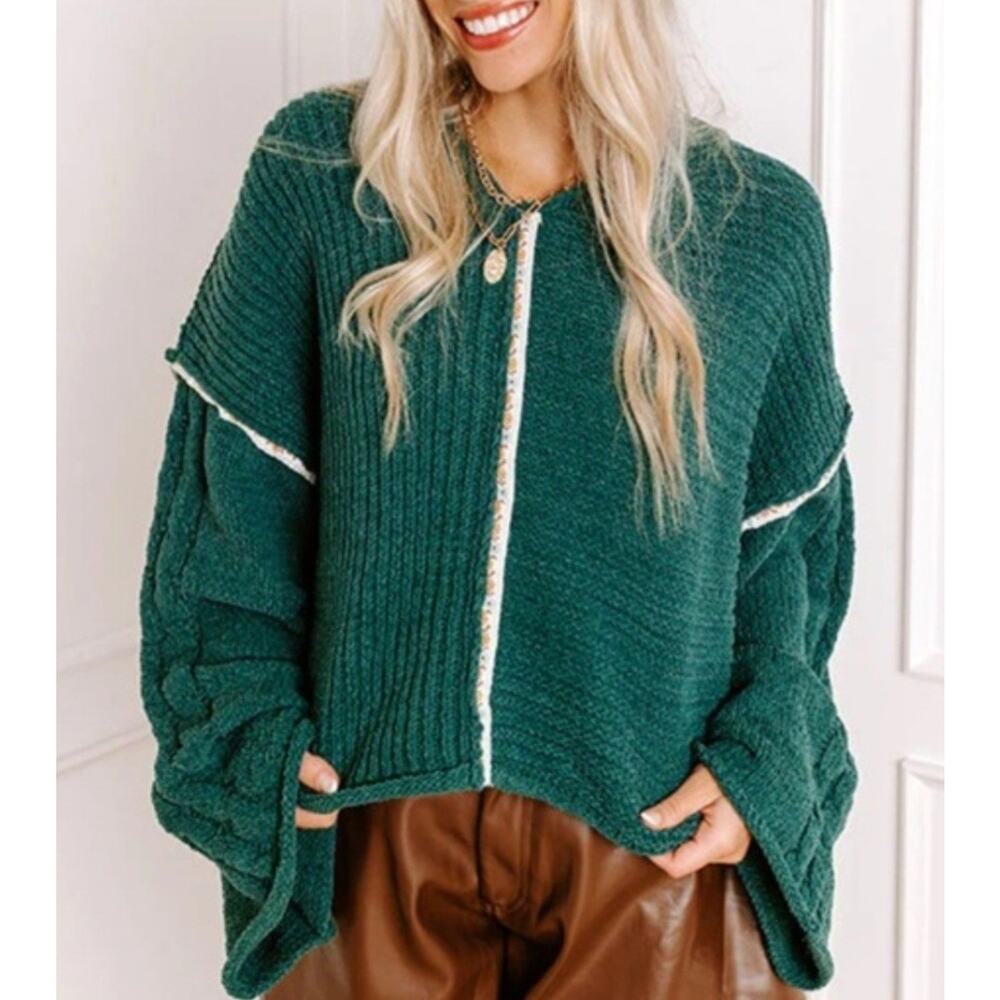 POL Oversized Chunky Cable Knit Hooded Chenille Sweater Large Wide Sleeves Green